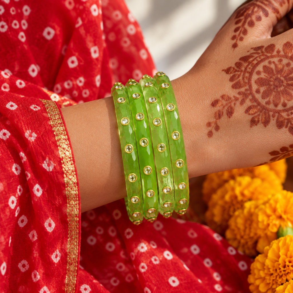 Parrot Green kundan glass bangles - worn on hand