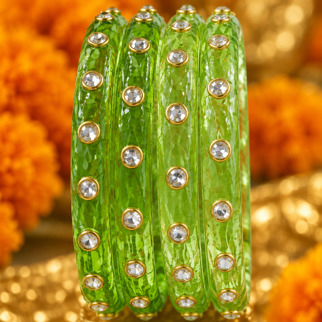 Parrot Green kundan glass bangles - close-up detail