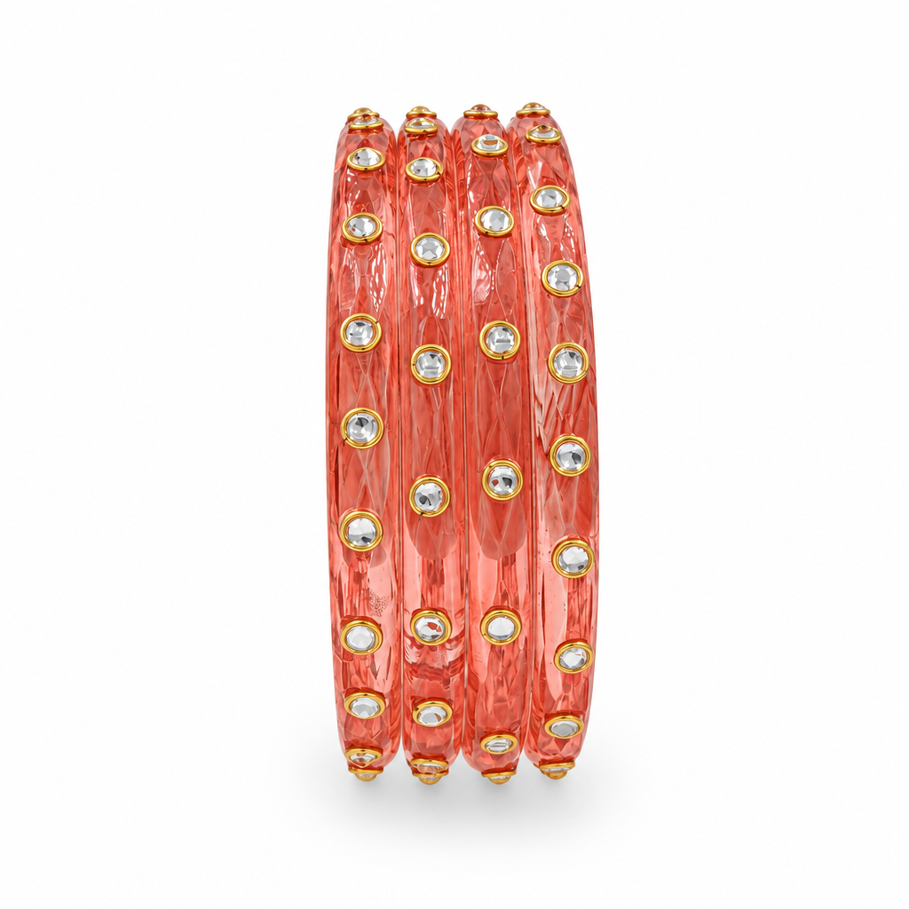 Coral Peach kundan glass bangles - white studio