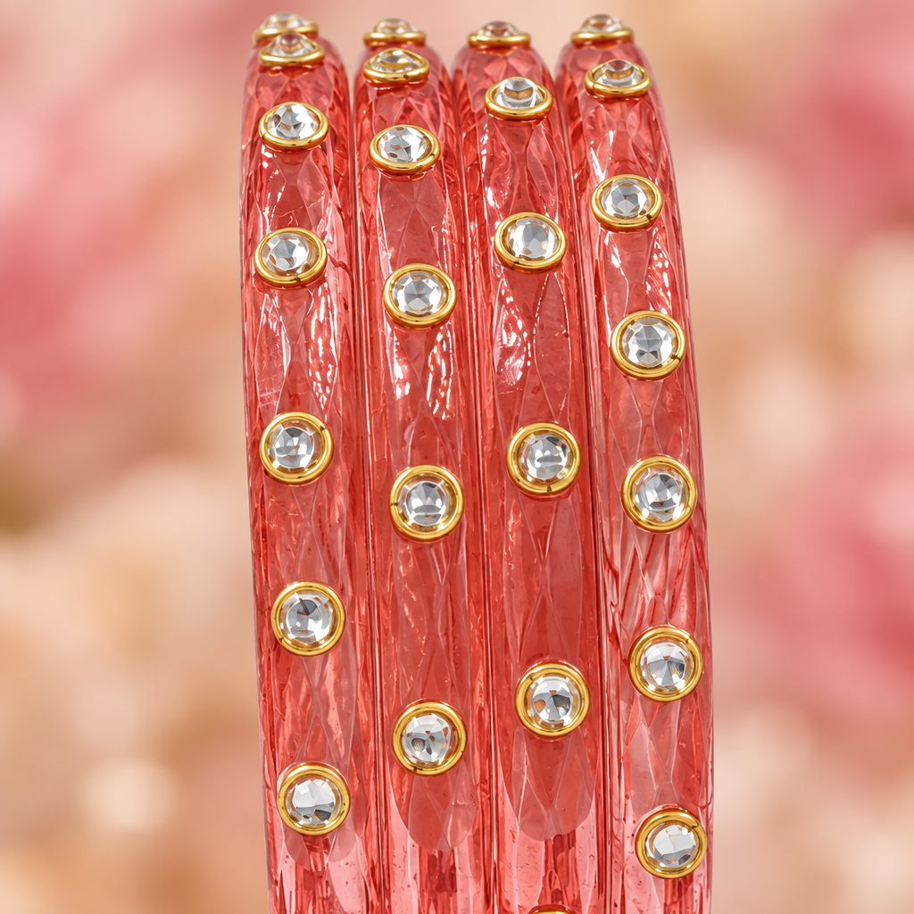Coral Peach kundan glass bangles - close-up detail