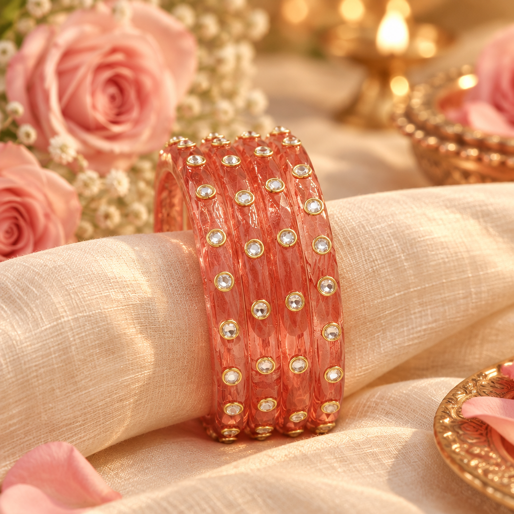 Coral Peach kundan glass bangles - lifestyle