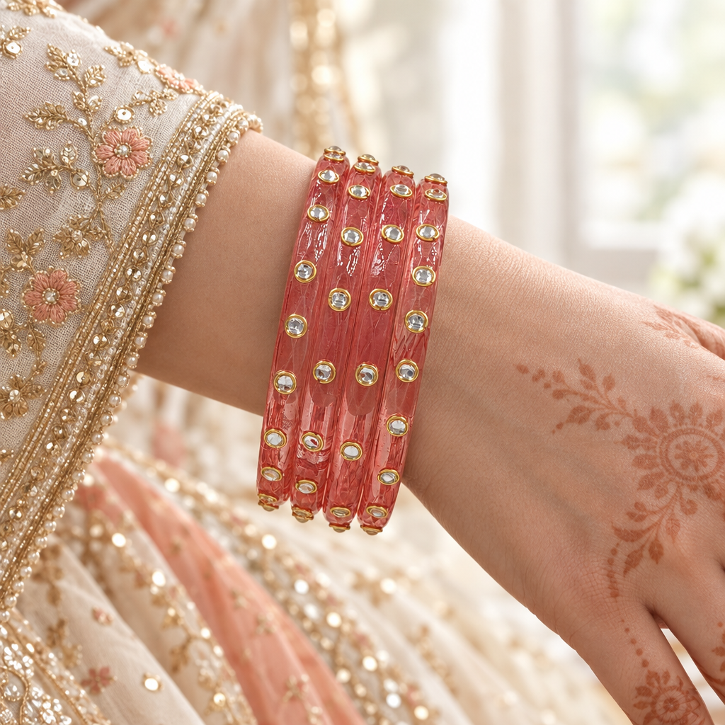 Coral Peach kundan glass bangles - worn on hand