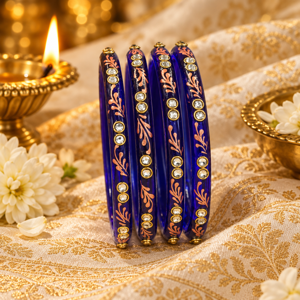 Royal Blue kundan glass bangles - lifestyle