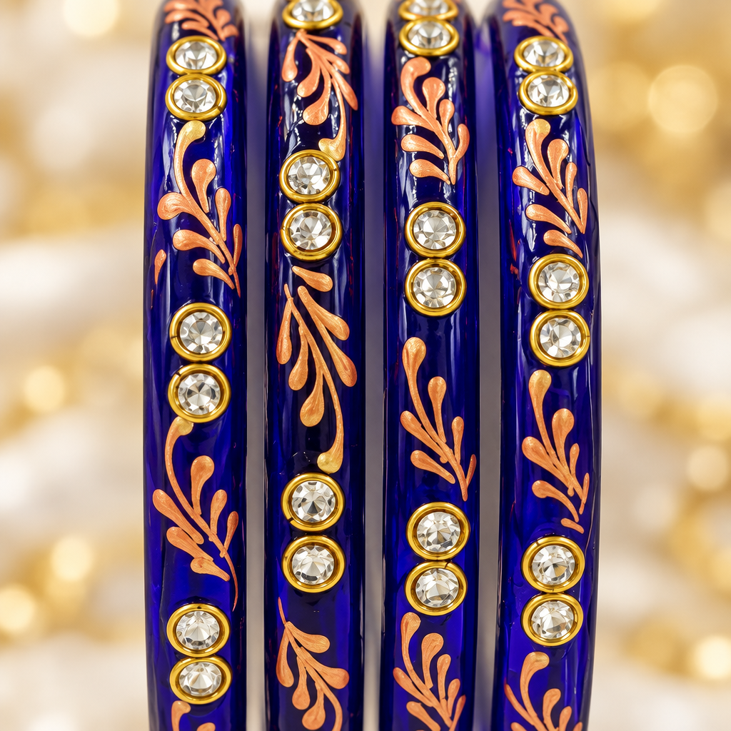 Royal Blue kundan glass bangles - close-up detail