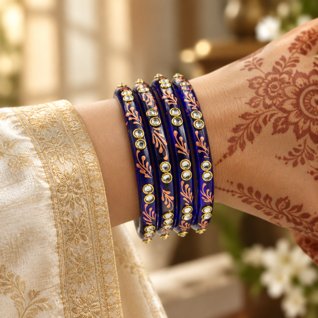 Royal Blue kundan glass bangles - worn on hand