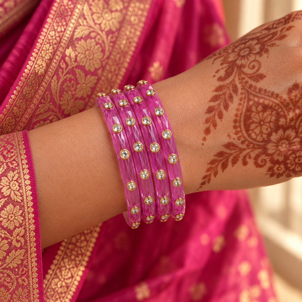 Orchid Pink kundan glass bangles - worn on hand