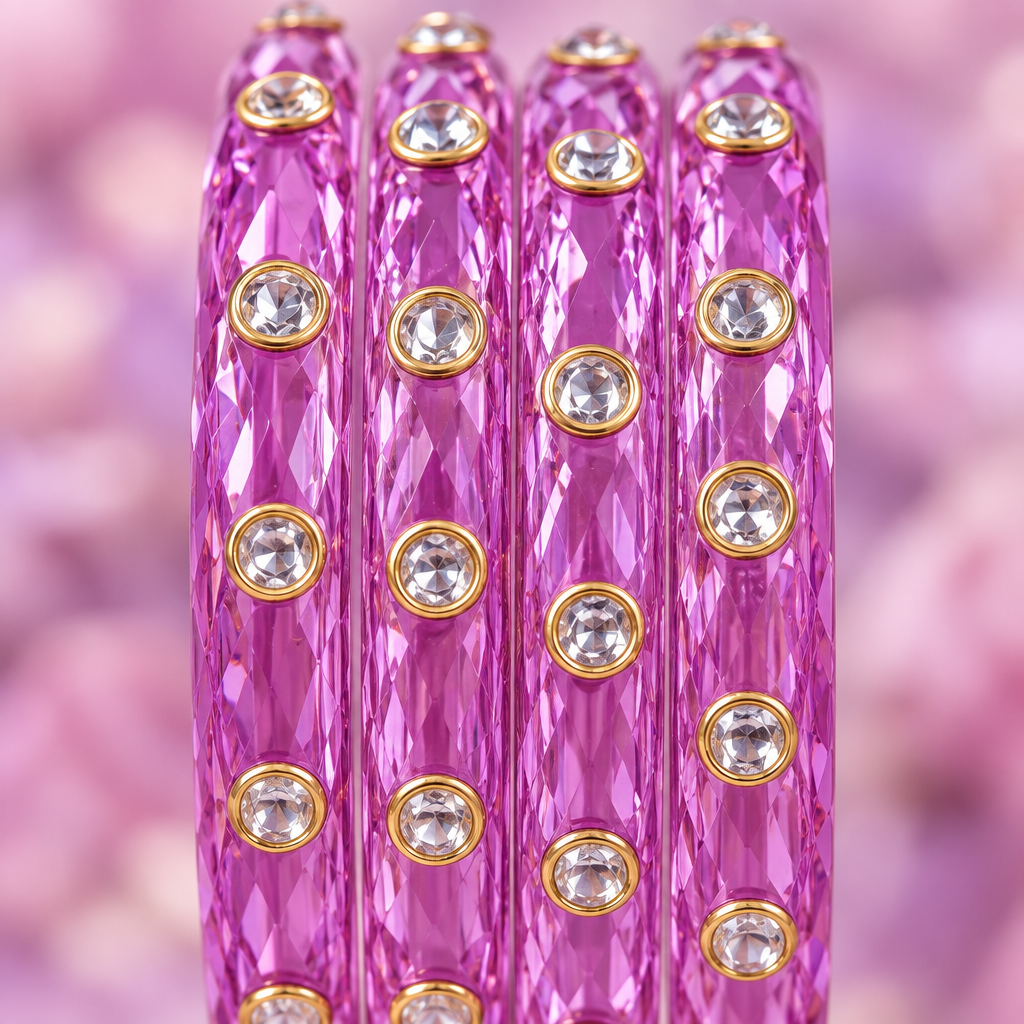 Orchid Pink kundan glass bangles - close-up detail