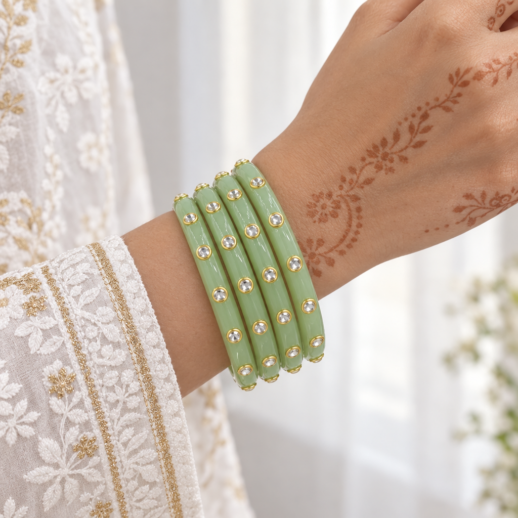 Mint Green kundan glass bangles - worn on hand