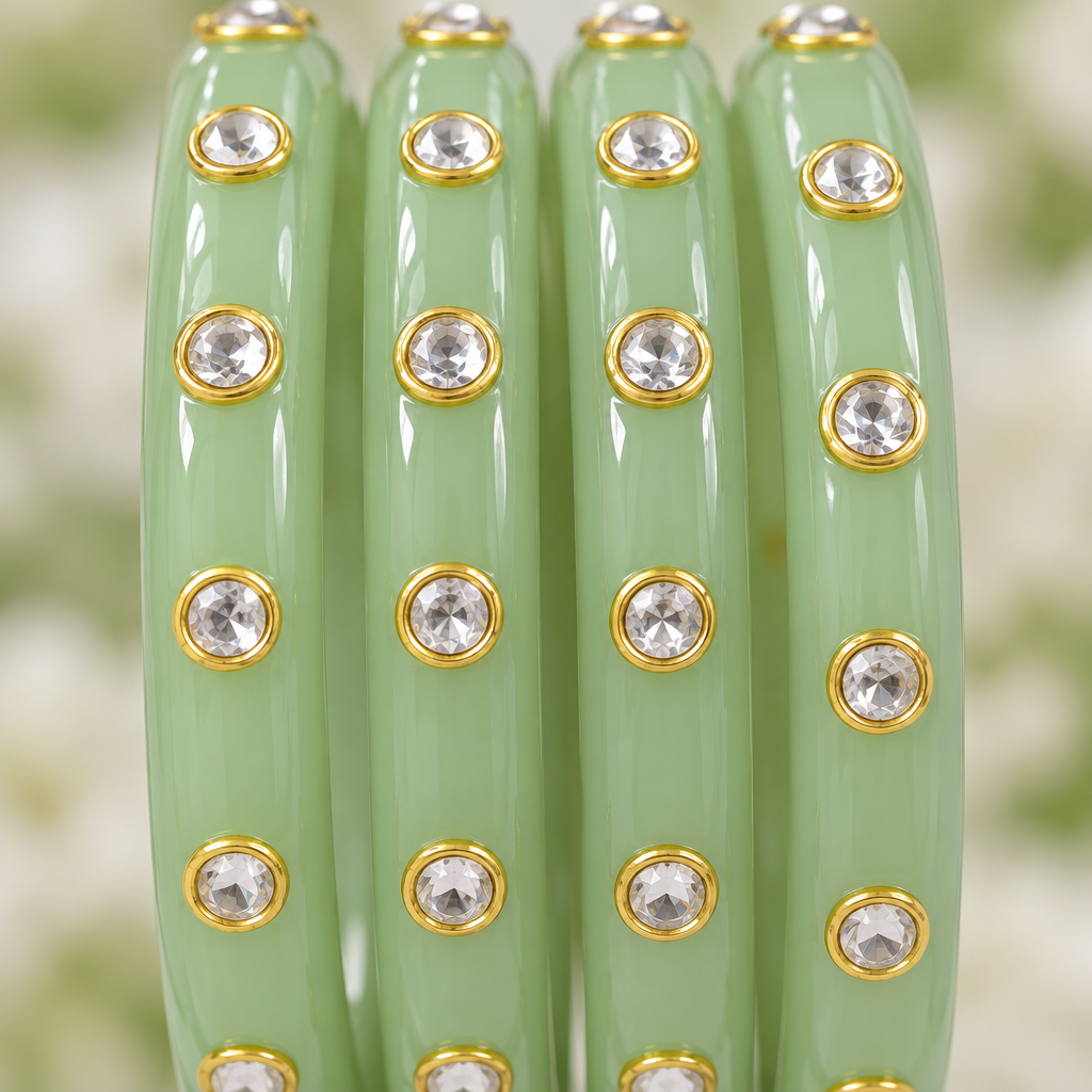 Mint Green kundan glass bangles - close-up detail