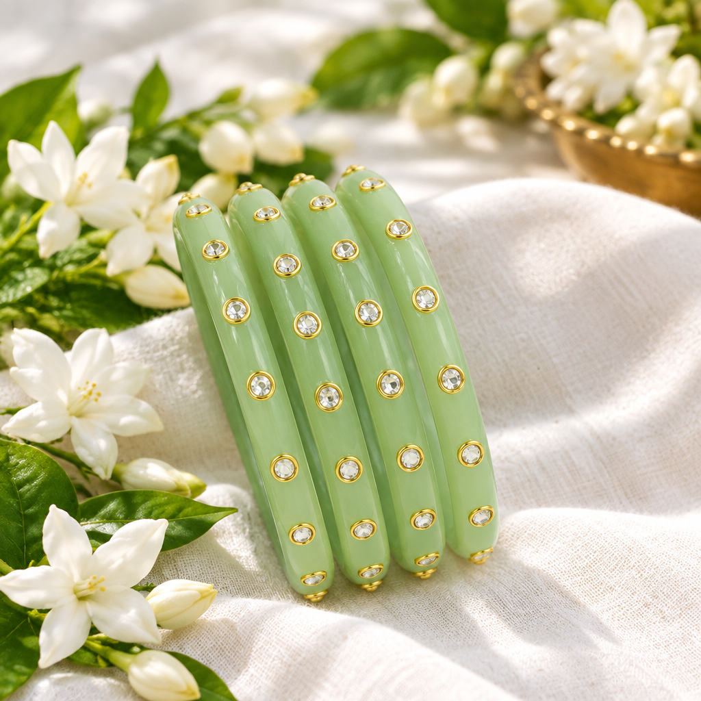 Mint Green kundan glass bangles - lifestyle