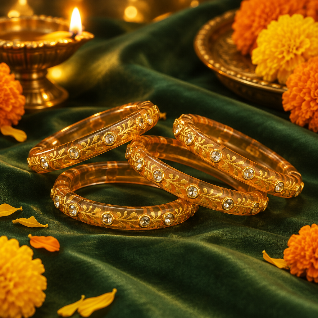 Honey Amber gold vine kundan glass bangles - lifestyle