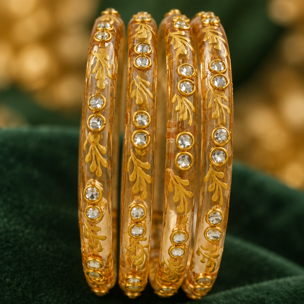 Honey Amber gold vine kundan glass bangles - close-up detail