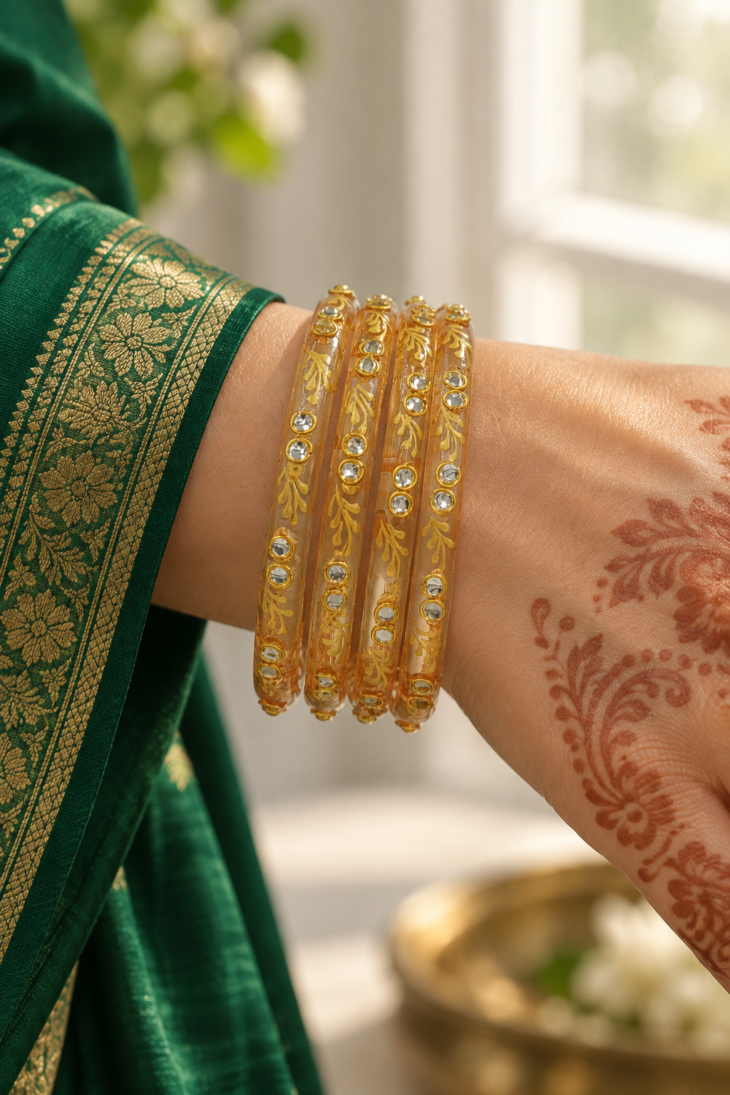 Honey Amber gold vine kundan glass bangles - worn on hand