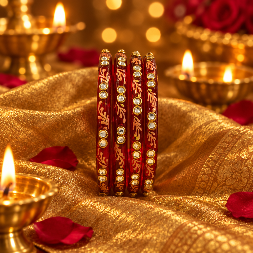 Cherry Red gold vine kundan glass bangles - lifestyle