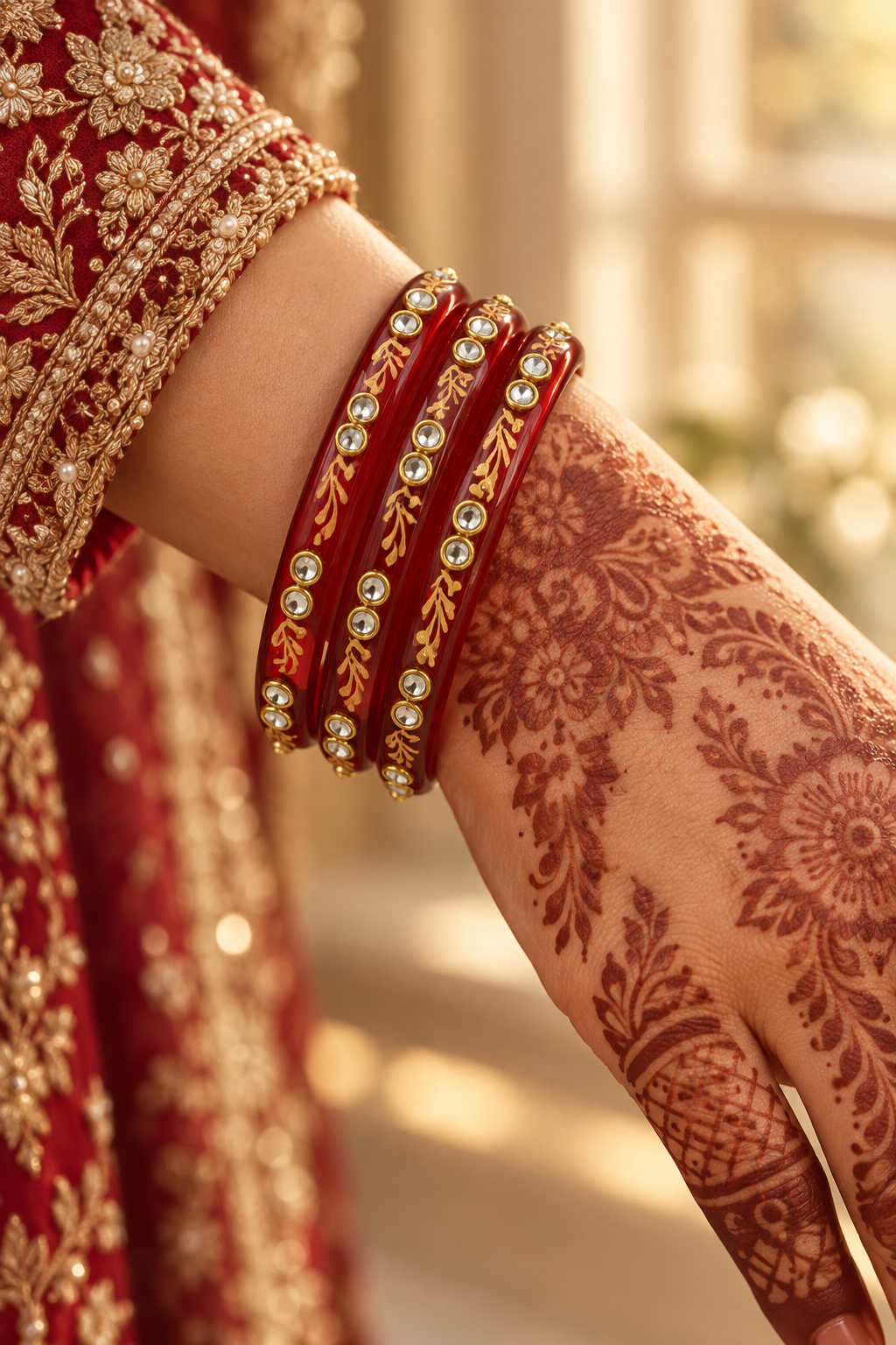 Cherry Red gold vine kundan glass bangles - close-up detail
