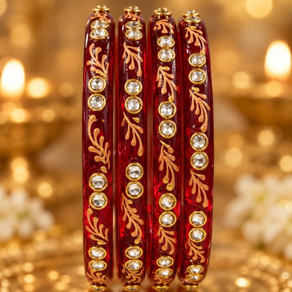 Cherry Red gold vine kundan glass bangles - worn on hand