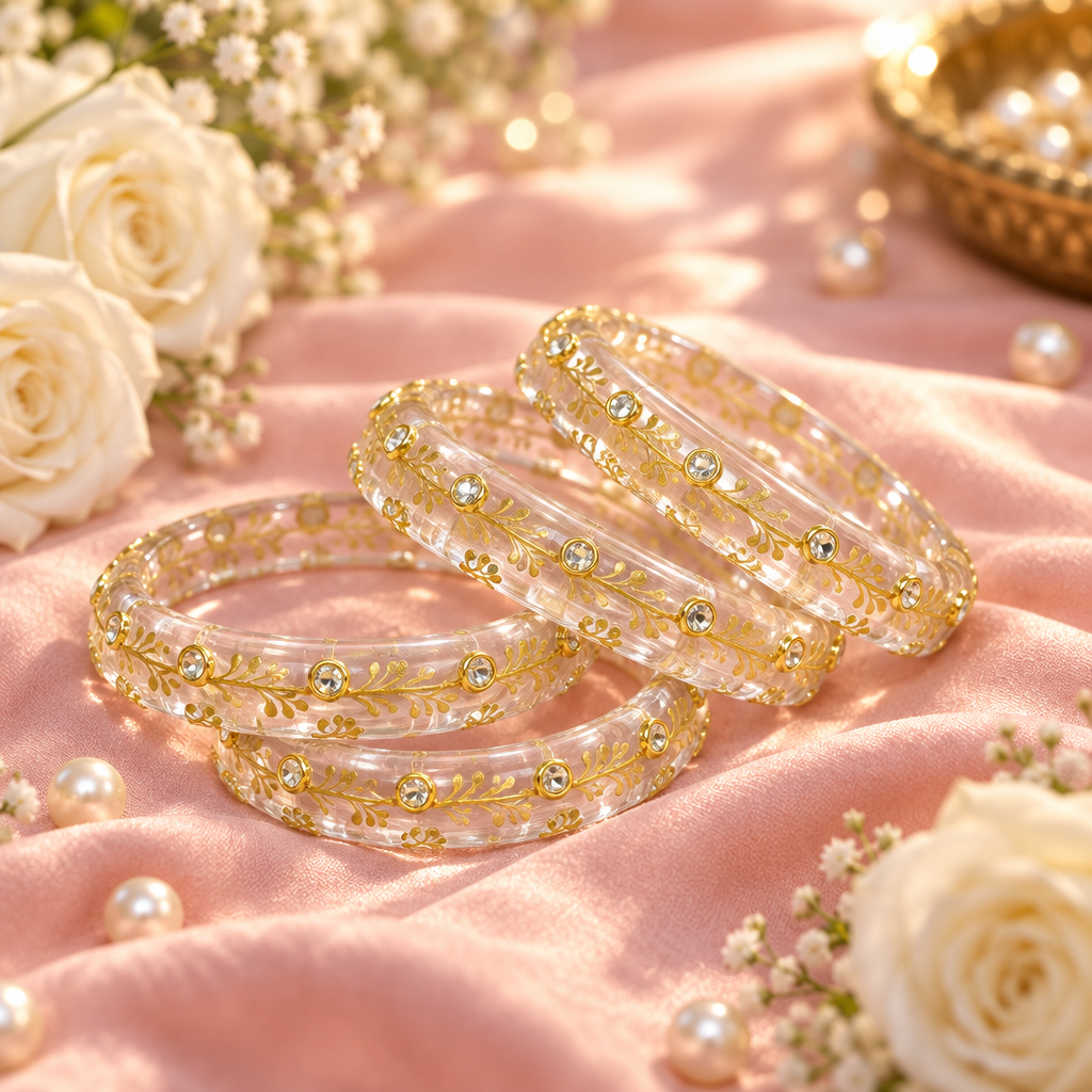 Crystal Clear gold vine kundan glass bangles - lifestyle
