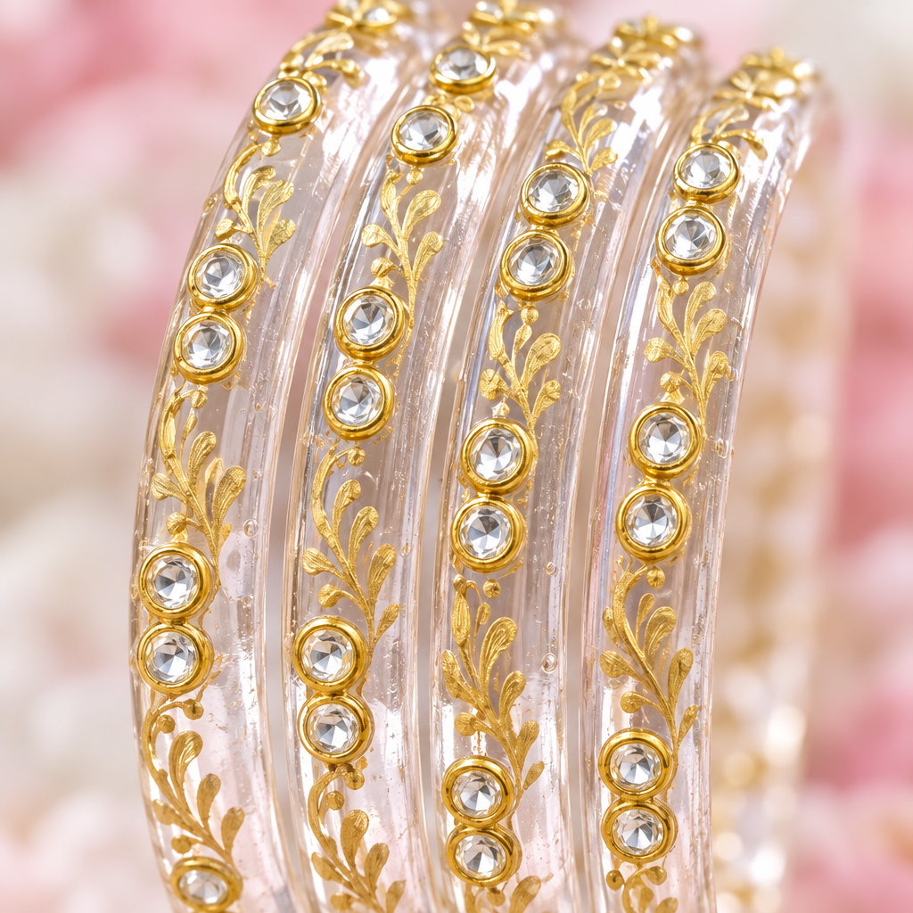 Crystal Clear gold vine kundan glass bangles - close-up detail