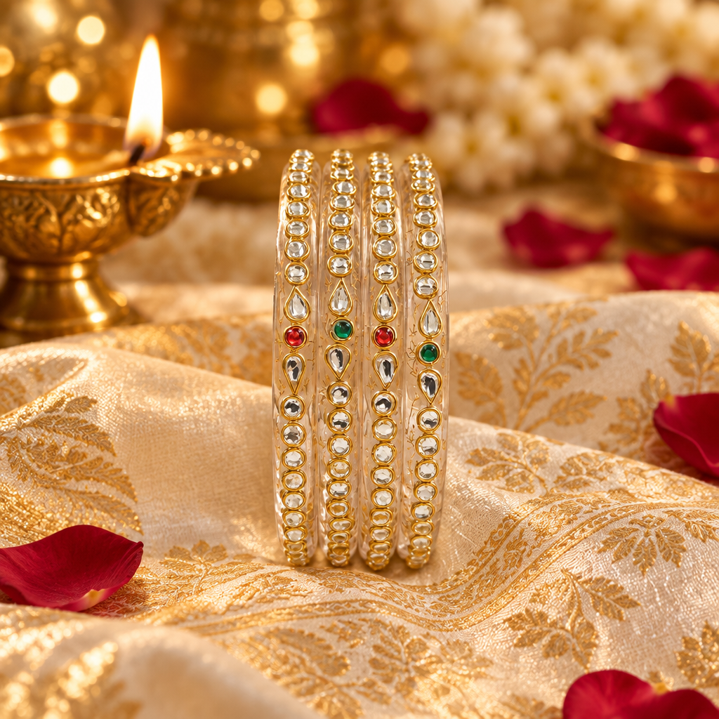 Crystal Multi Stone gold vine kundan glass bangles - lifestyle
