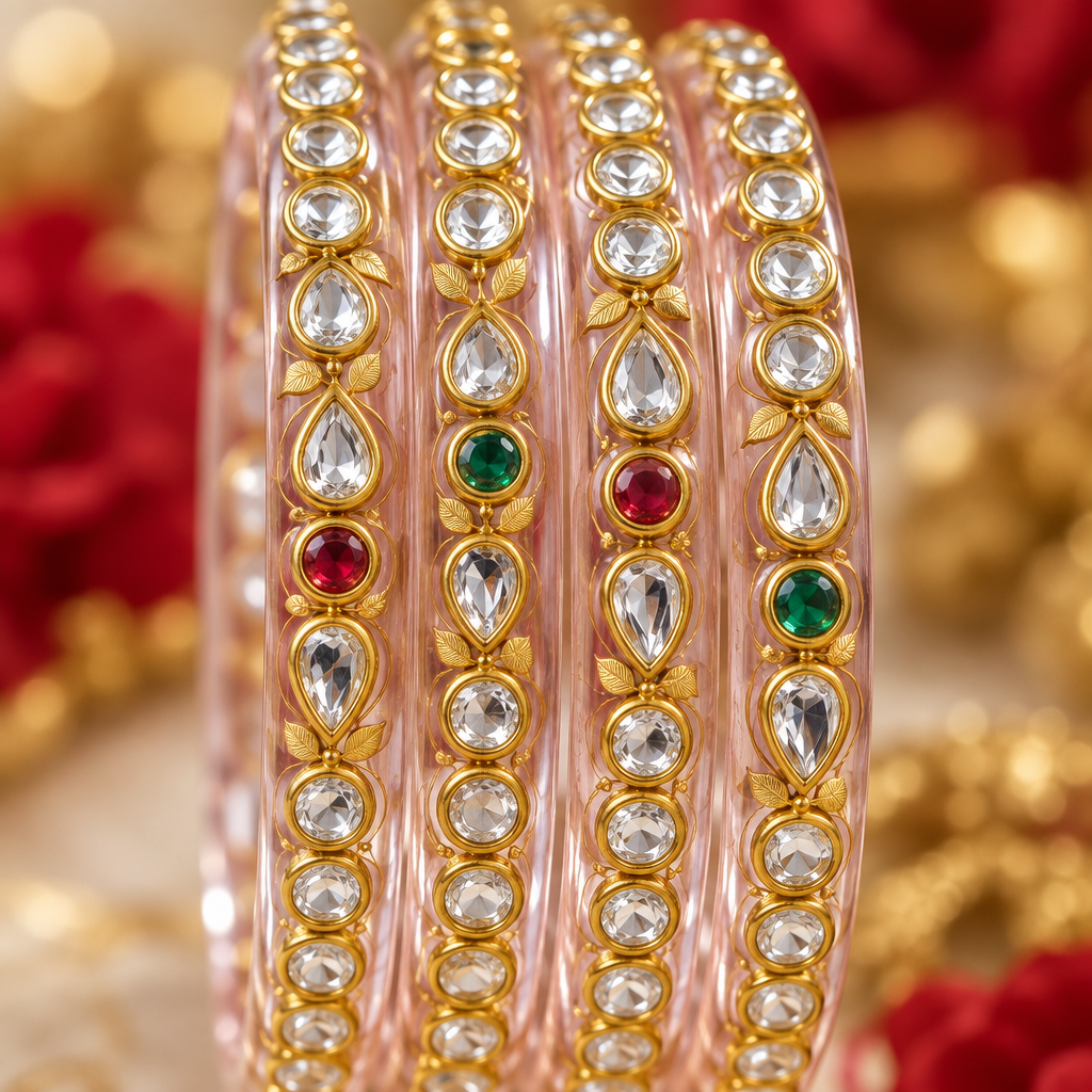 Crystal Multi Stone gold vine kundan glass bangles - close-up detail