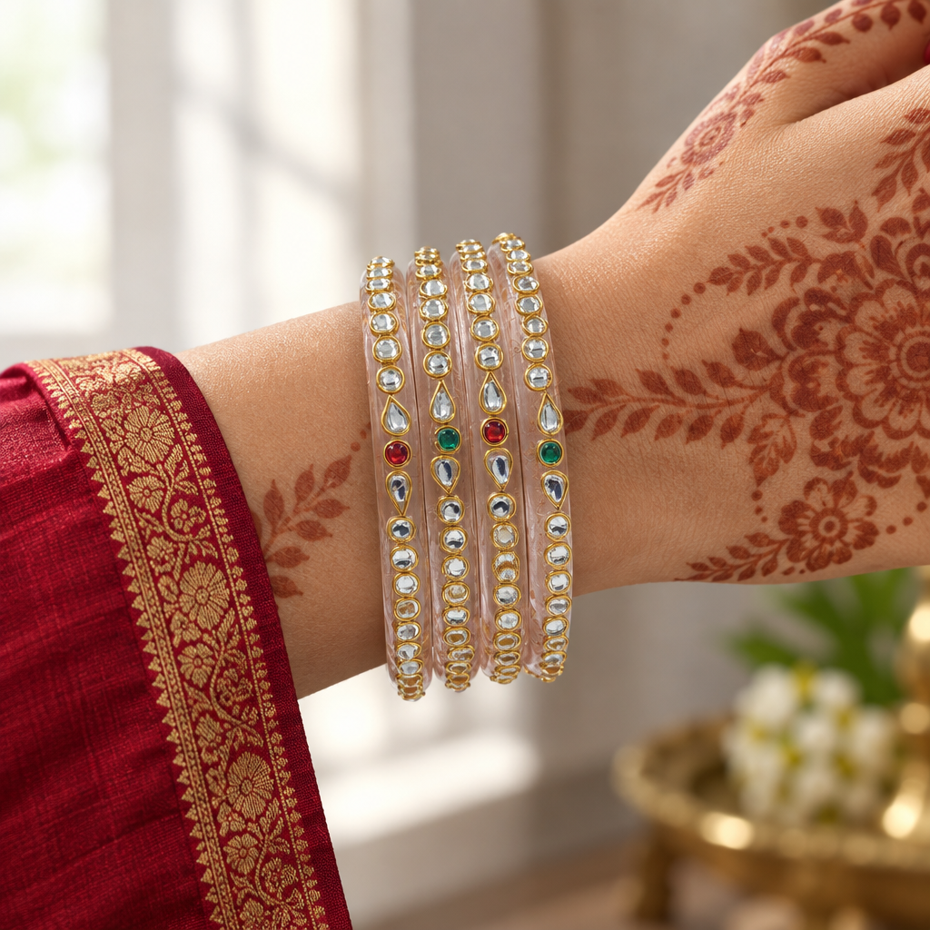 Crystal Multi Stone gold vine kundan glass bangles - worn on hand