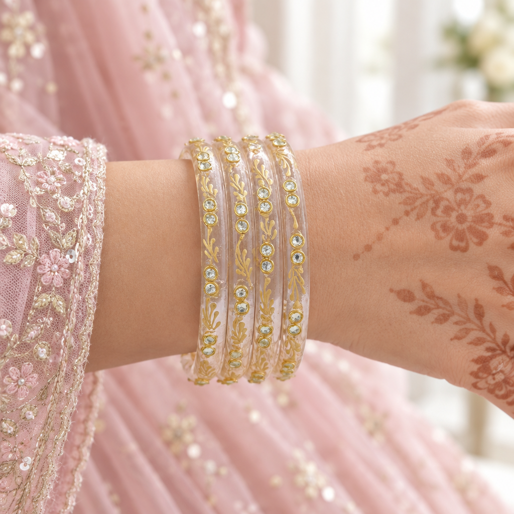 Crystal Clear gold vine kundan glass bangles - worn on hand
