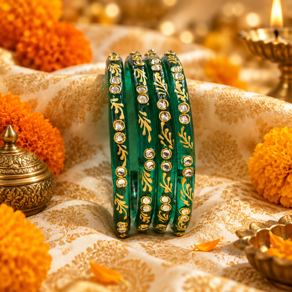 Emerald Green gold vine kundan glass bangles - lifestyle
