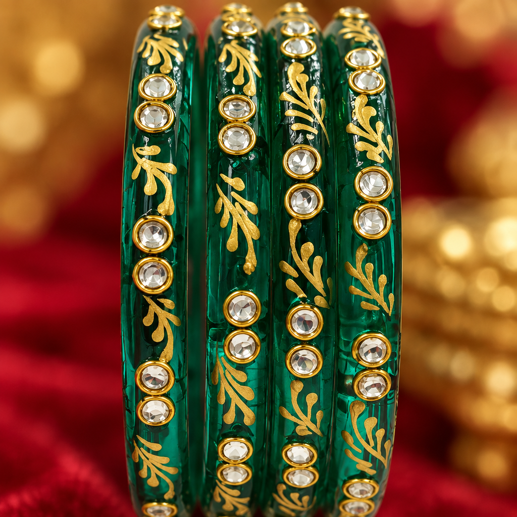 Emerald Green gold vine kundan glass bangles - close-up detail
