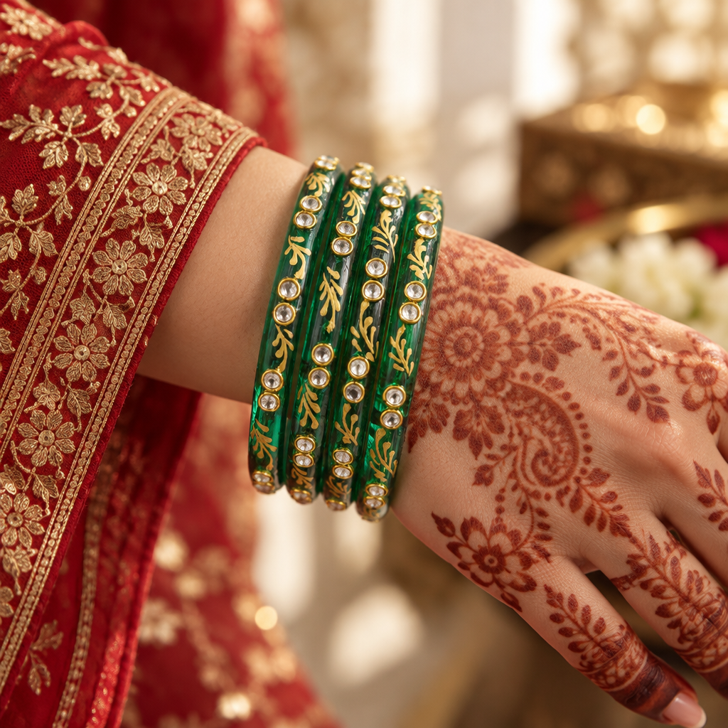 Emerald Green gold vine kundan glass bangles - worn on hand