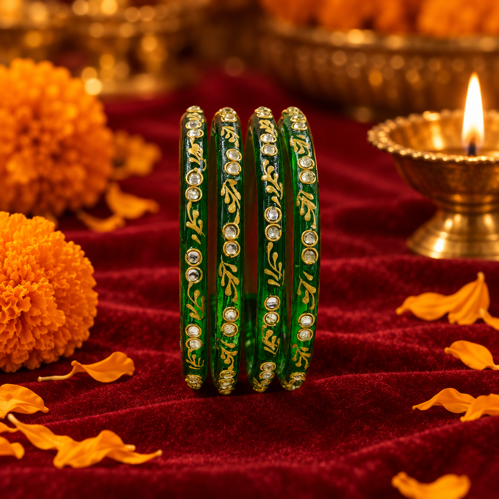 Forest Green gold vine kundan glass bangles - lifestyle