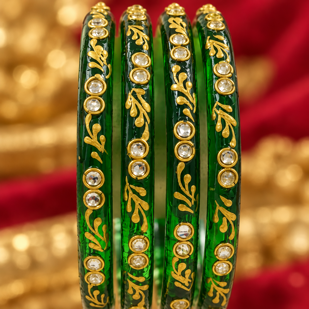 Forest Green gold vine kundan glass bangles - close-up detail