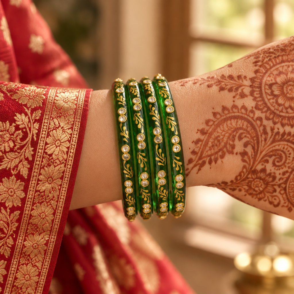 Forest Green gold vine kundan glass bangles - worn on hand