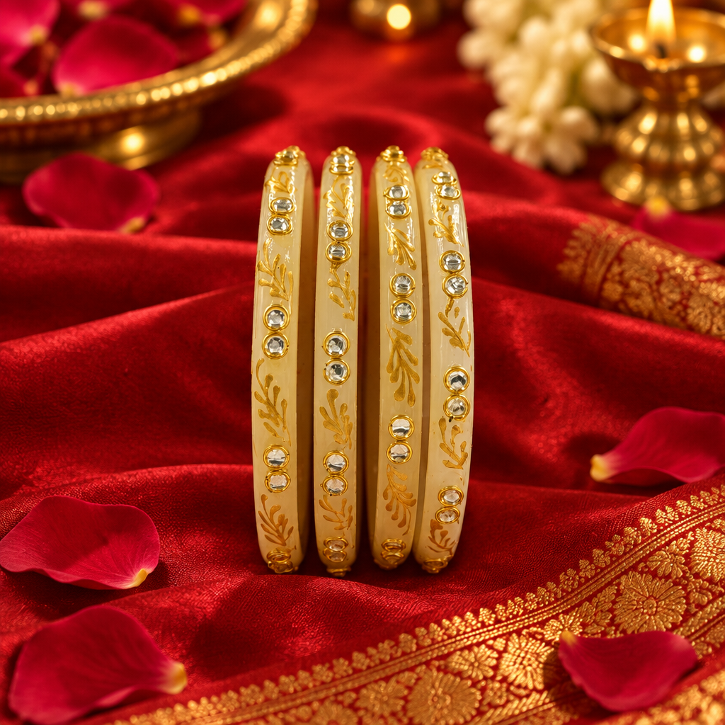 Ivory Cream gold vine kundan glass bangles - lifestyle