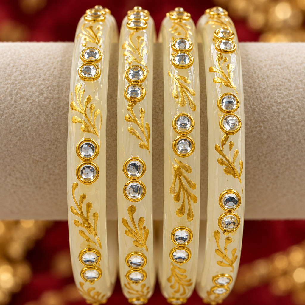 Ivory Cream gold vine kundan glass bangles - close-up detail