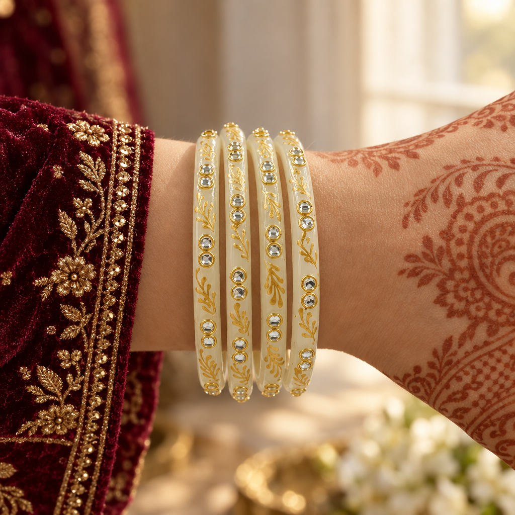 Ivory Cream gold vine kundan glass bangles - worn on hand