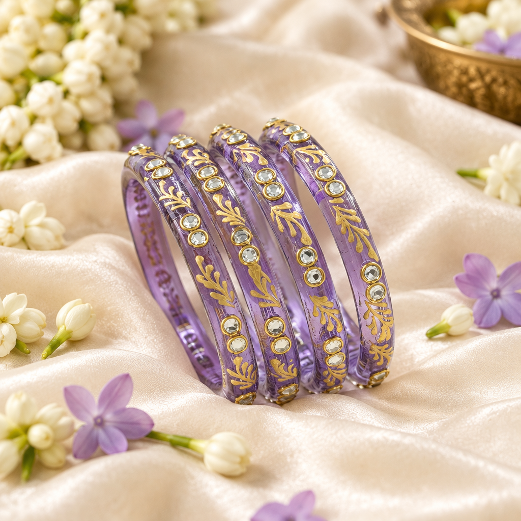 Lavender gold vine kundan glass bangles - lifestyle