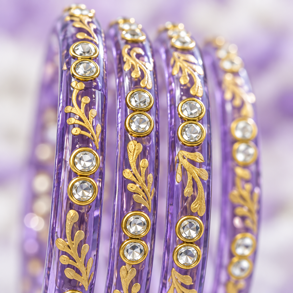 Lavender gold vine kundan glass bangles - close-up detail