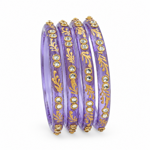 Lavender gold vine kundan glass bangles - white studio