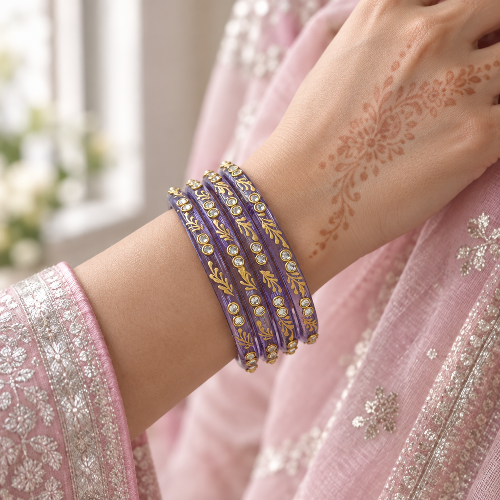 Lavender gold vine kundan glass bangles - worn on hand