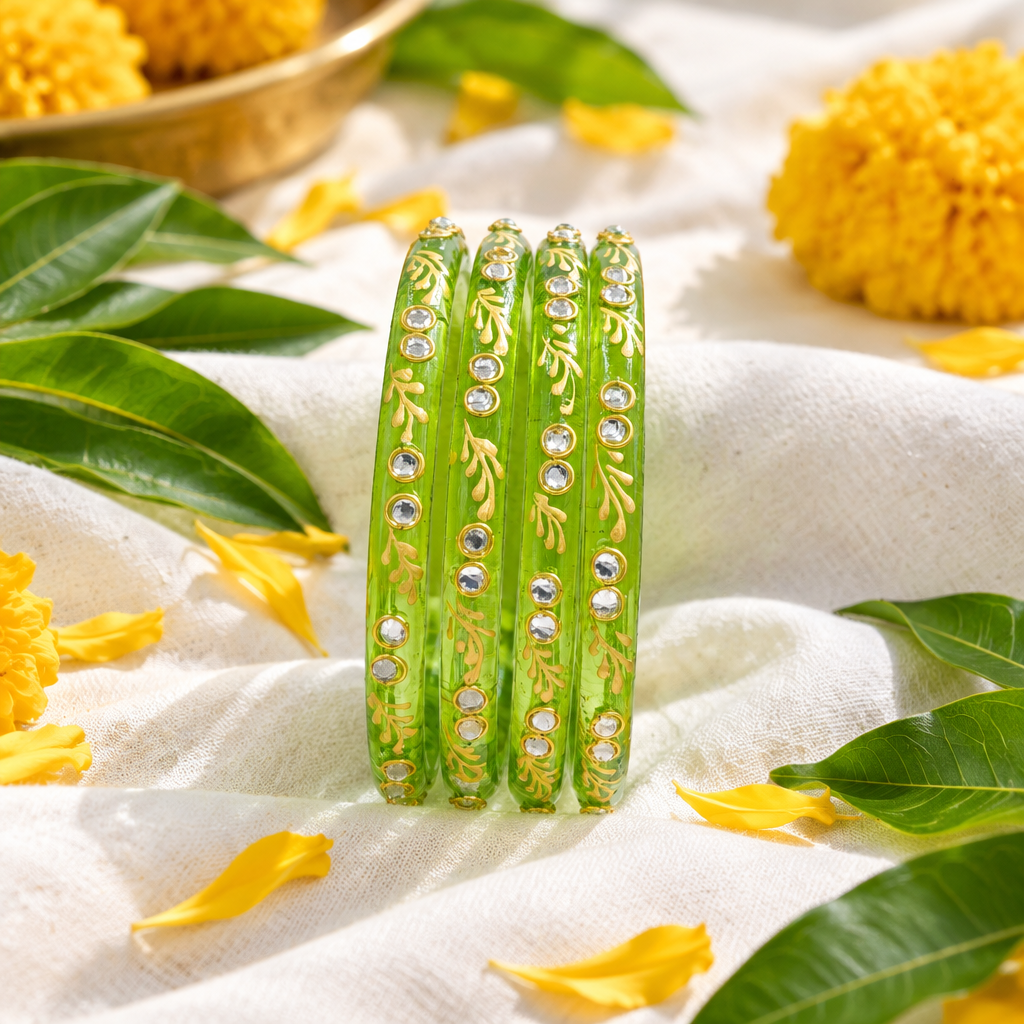 Lime Green gold vine kundan glass bangles - lifestyle