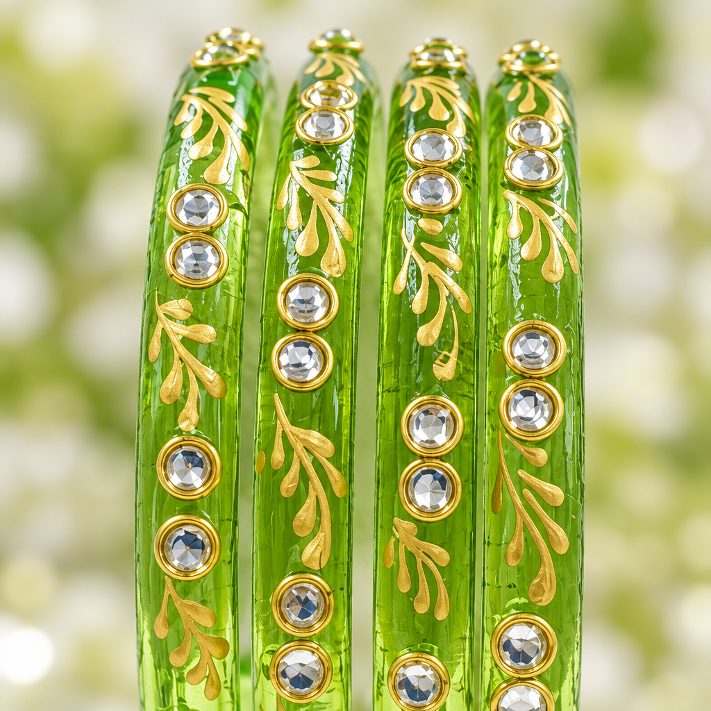 Lime Green gold vine kundan glass bangles - close-up detail