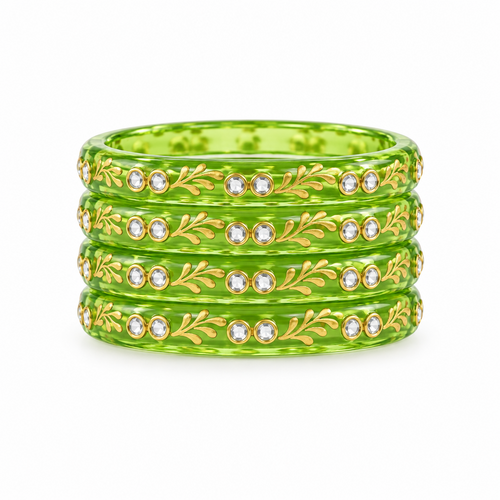 Lime Green gold vine kundan glass bangles - white studio