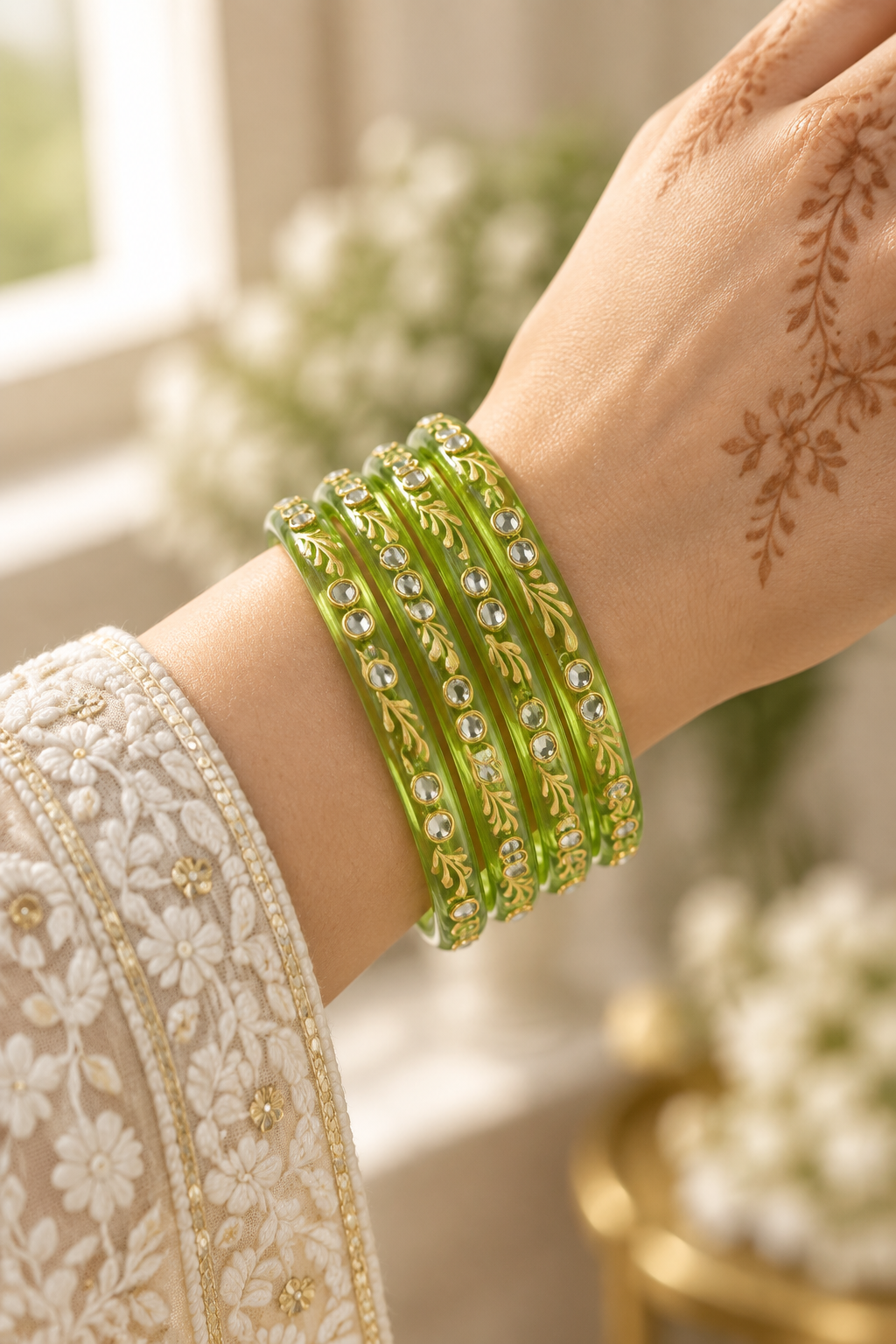 Lime Green gold vine kundan glass bangles - worn on hand