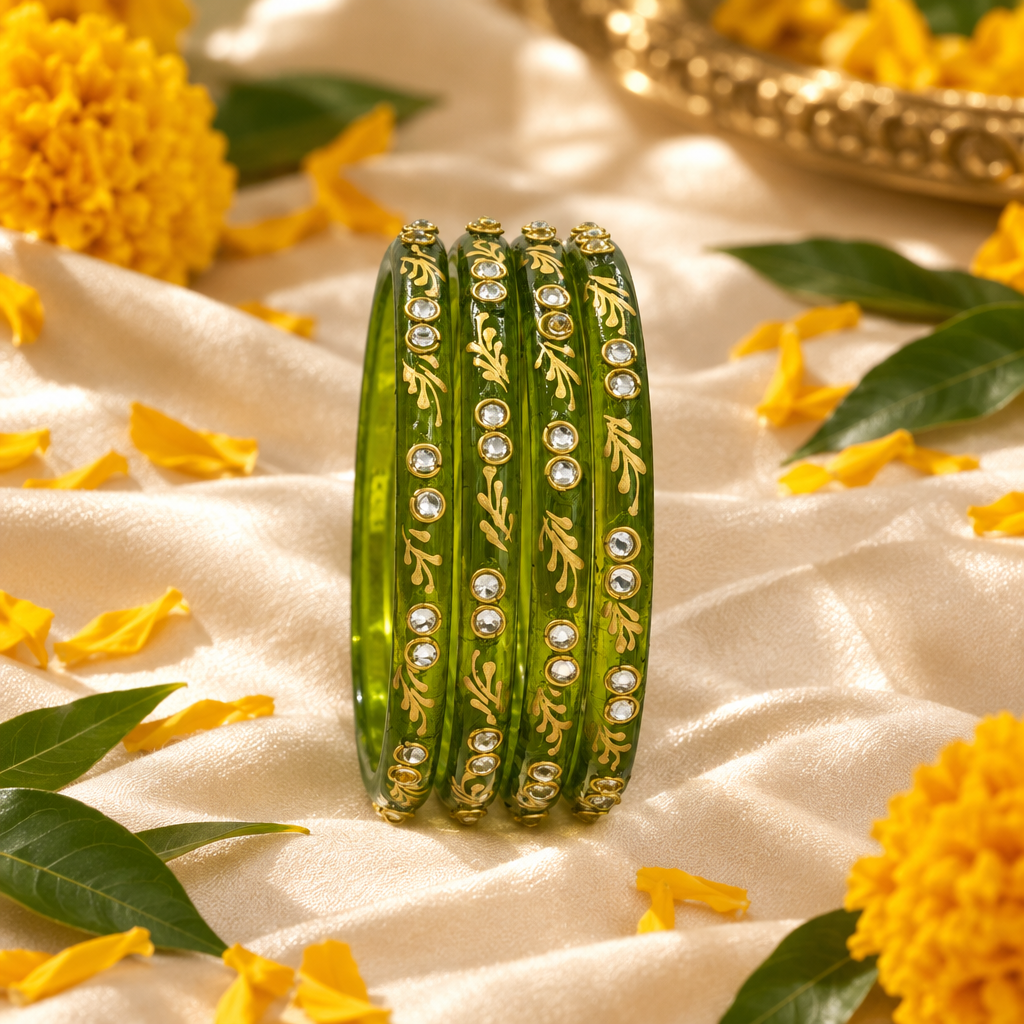 Moss Green gold vine kundan glass bangles - lifestyle