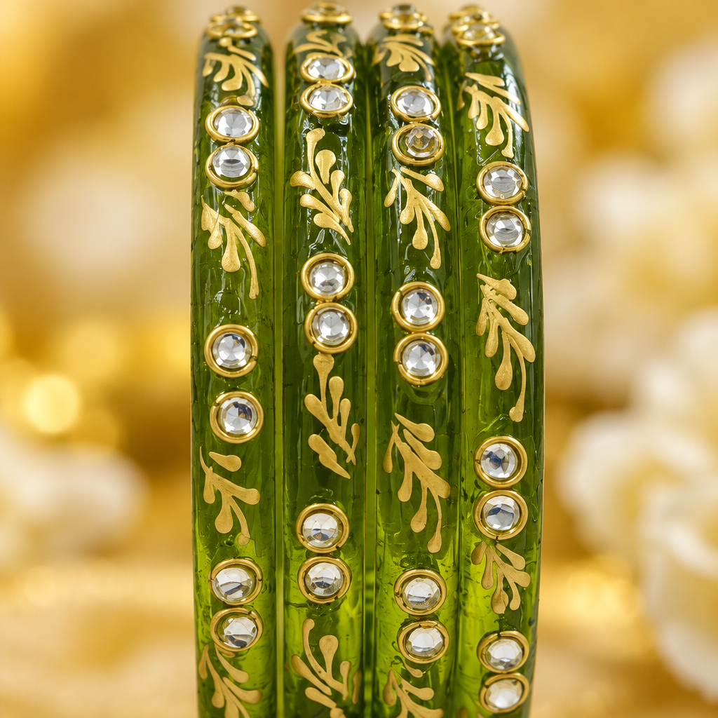 Moss Green gold vine kundan glass bangles - close-up detail