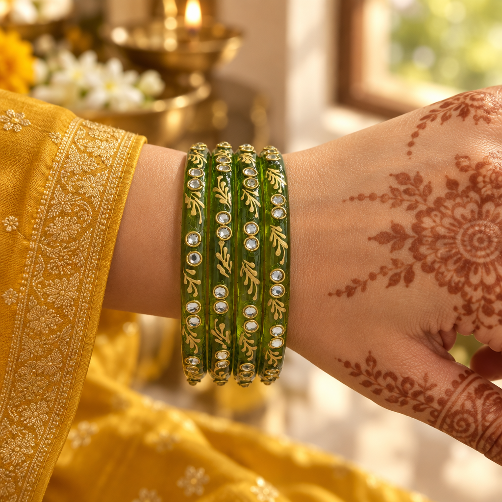 Moss Green gold vine kundan glass bangles - worn on hand