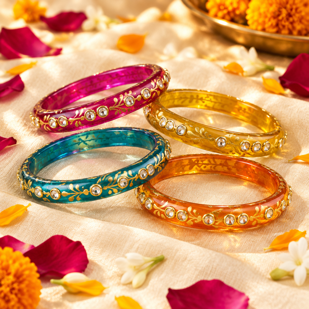Multicolour gold vine kundan glass bangles - lifestyle