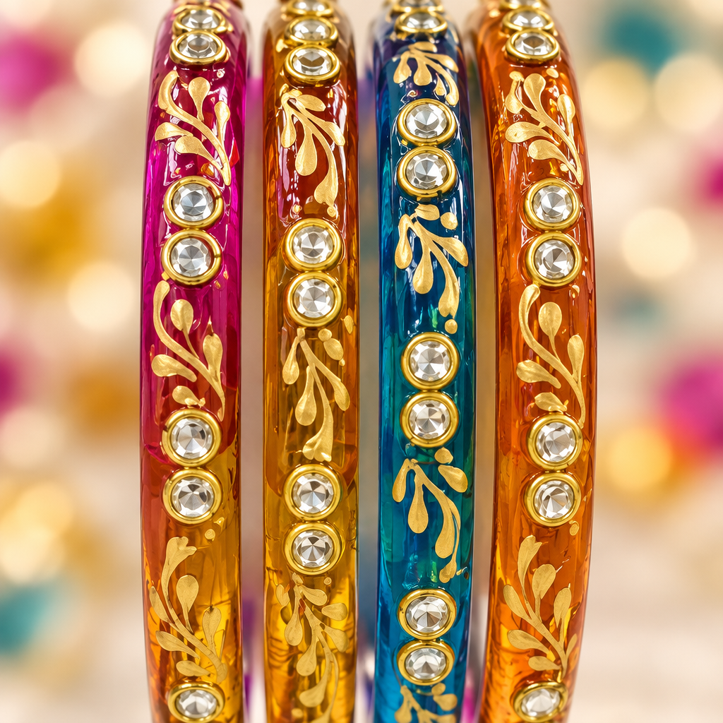 Multicolour gold vine kundan glass bangles - close-up detail