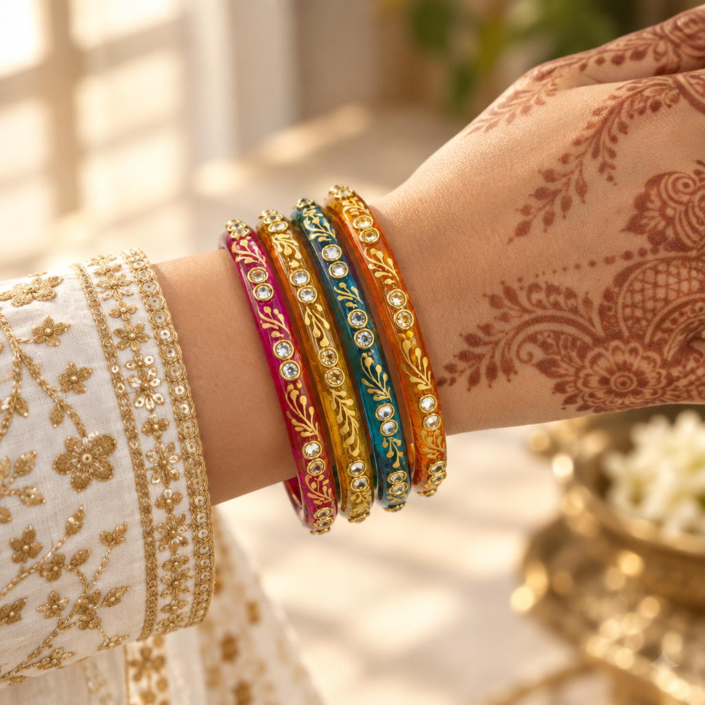 Multicolour gold vine kundan glass bangles - worn on hand