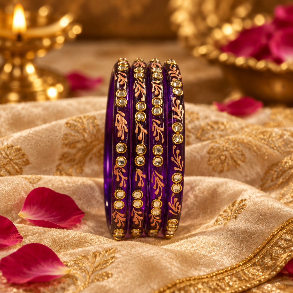 Deep Purple gold vine kundan glass bangles - lifestyle